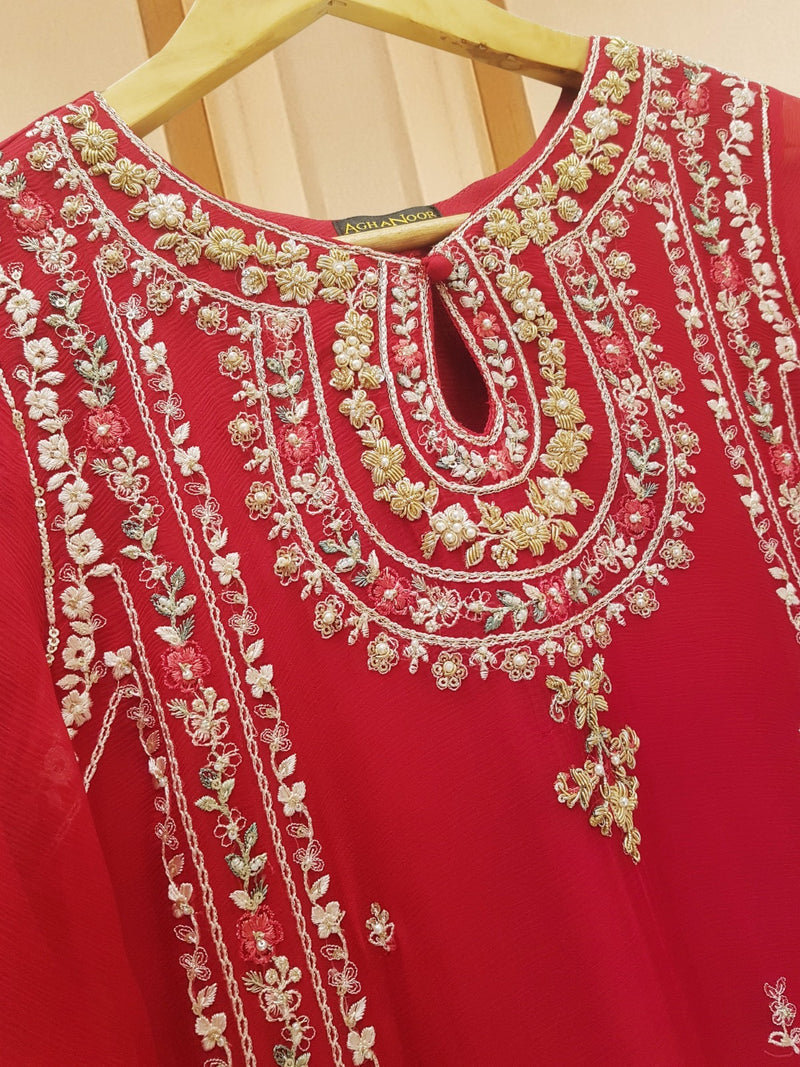 Maroon Majesty Embroidered Chiffon Trio