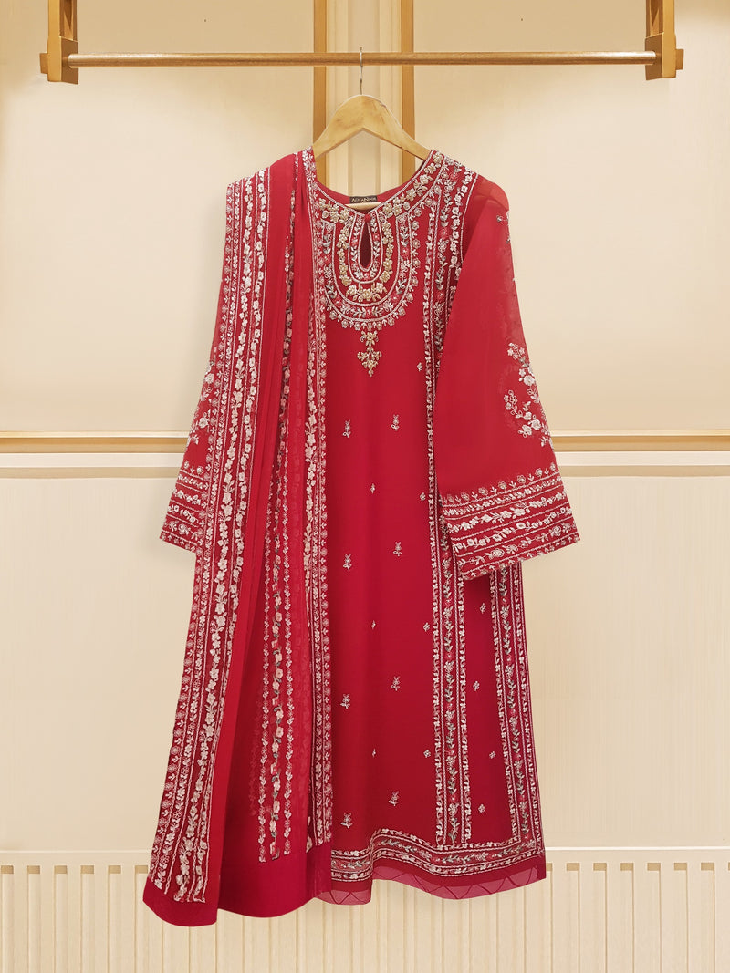 Maroon Majesty Embroidered Chiffon Trio