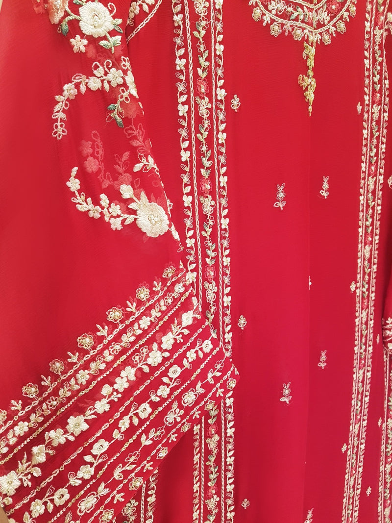 Maroon Majesty Embroidered Chiffon Trio