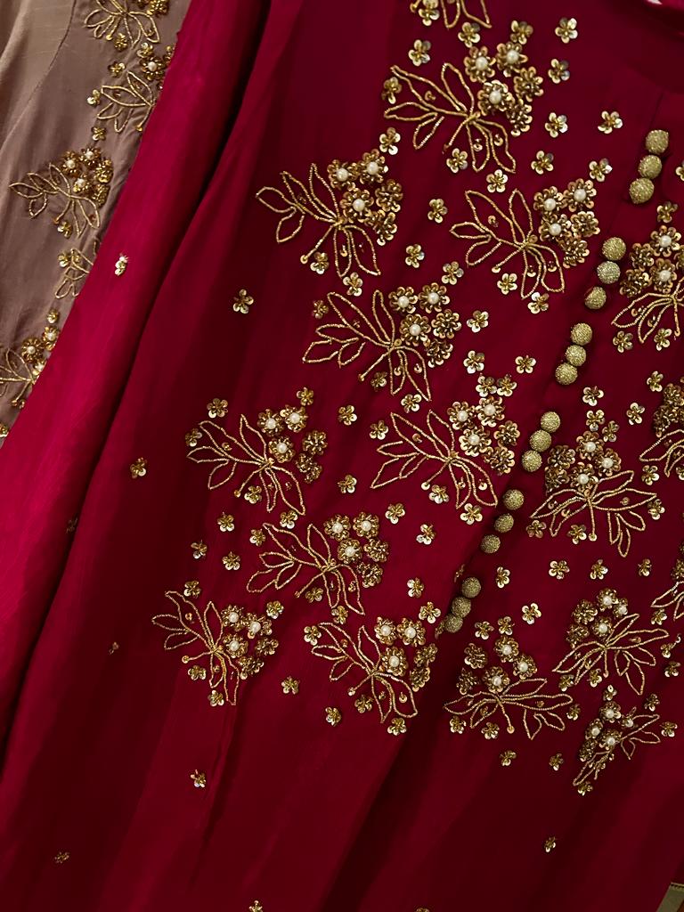 Olive Atelier Handwork Splendor-3pc Suit with Raw Silk and Chiffon Dup